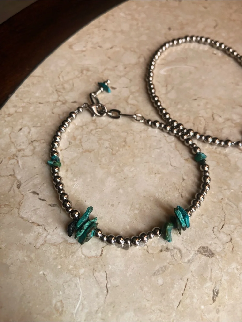 Stainless Steel Bead Bracelet Set with Turquoise Accent - Navajo Pearl Style - Picture 2 of 5